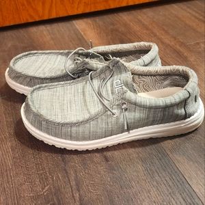 Hey Dude youth size 5 shoes. Gray/black/white stripes. In great condition
